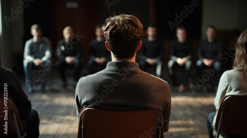 A group therapy session with participants seated in a circle, focusing on shared experiences.