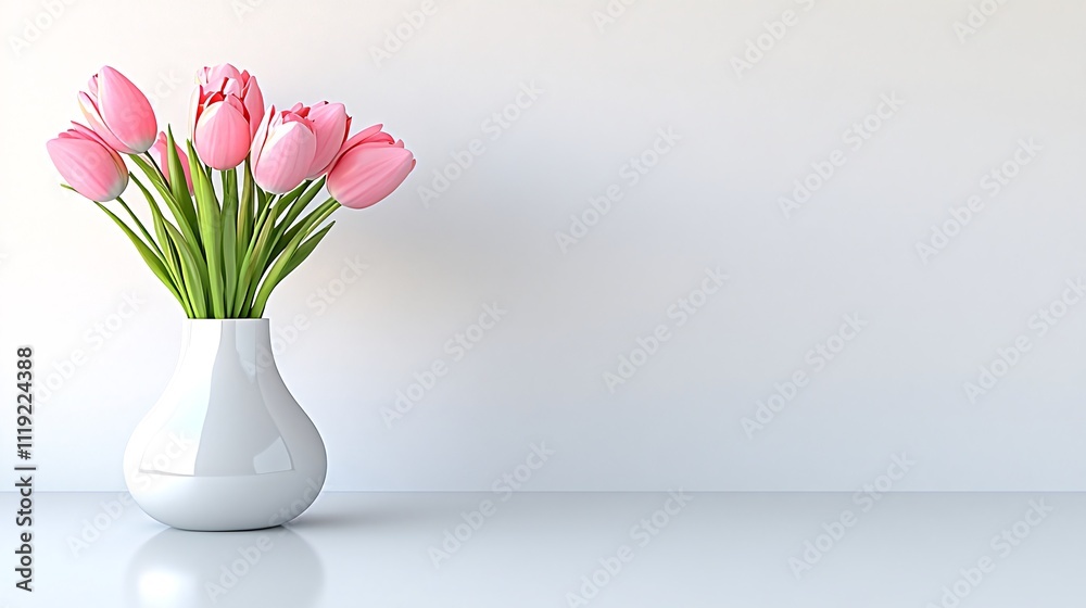 Fototapeta premium Pink tulips in a white vase against a white background. Beautiful background with copy space Generative ai