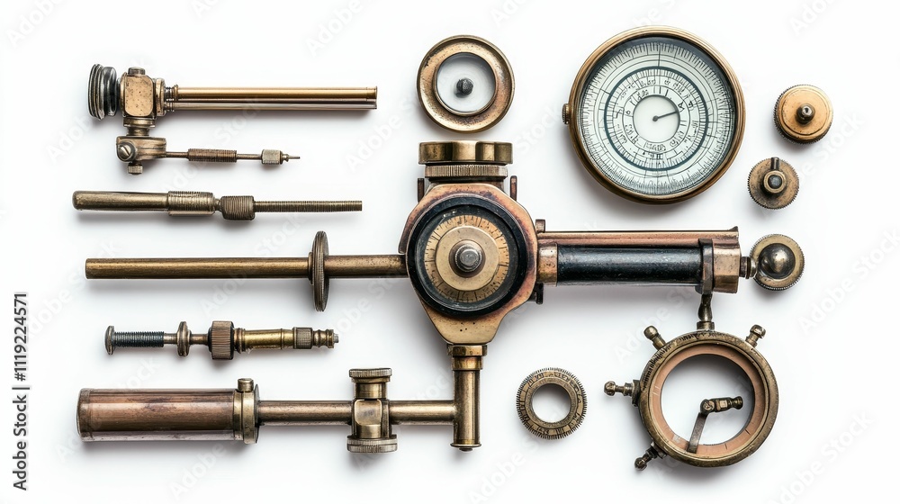 Antique brass scientific instruments arranged flat. Antique brass scientific instruments arranged flat.