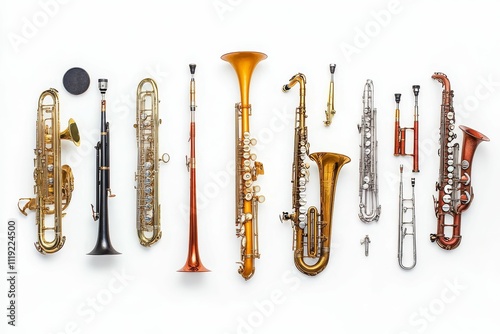 Brass and woodwind instruments arranged neatly.