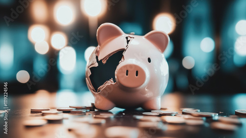 Broken piggy bank with coins scattered around, symbolizing financial struggle and the need for careful budgeting and saving.