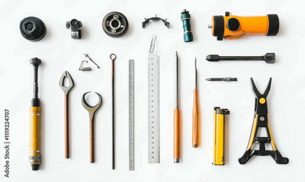 Fototapeta premium Assorted tools arranged neatly on white background.