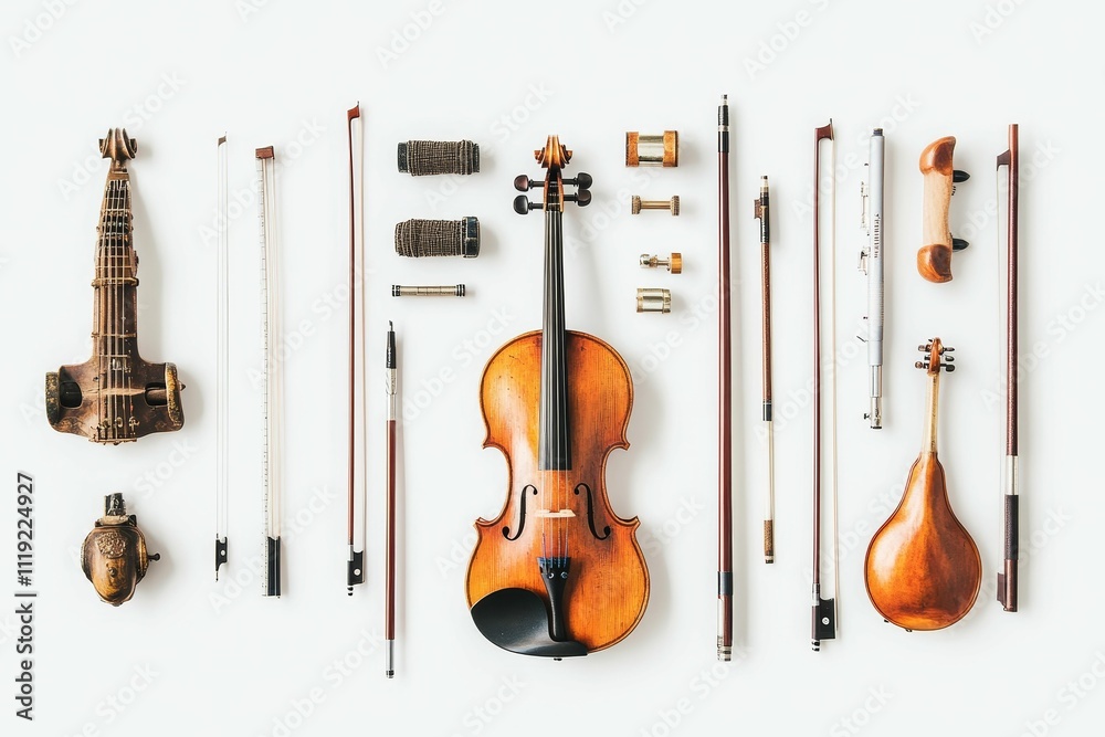 Naklejka premium Stringed instruments, bows, and accessories arranged neatly.