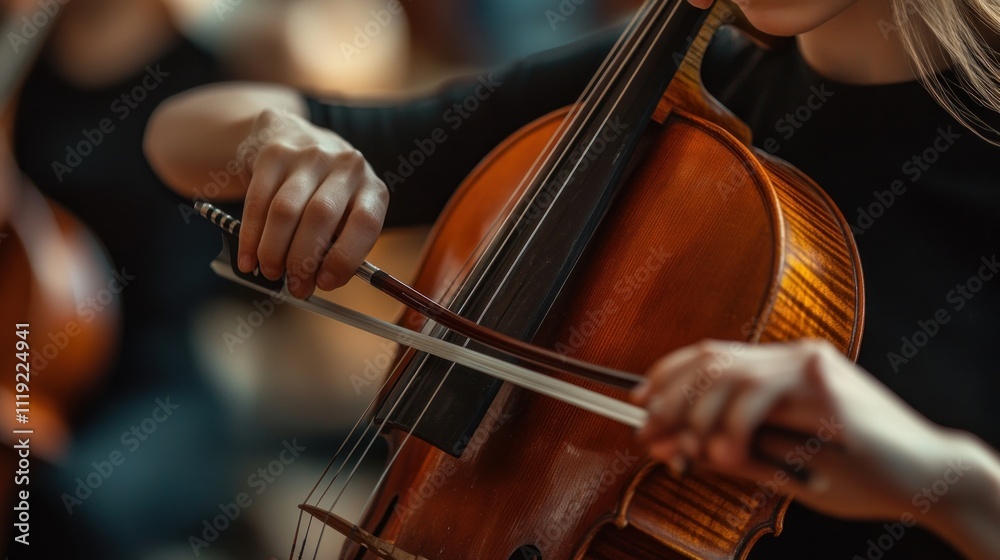 Close-up of a Woman's Hand Playing a Cello with a Bow Close-up of a Woman's Hand Playing a Cello with a Bow