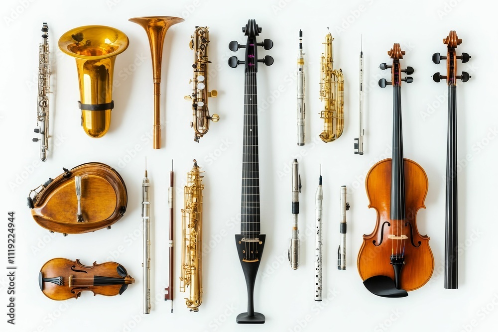 Naklejka premium Musical instruments arranged on white background.