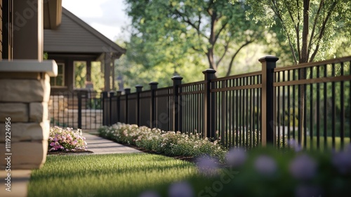 Black Metal Fence in a Lush Green Garden