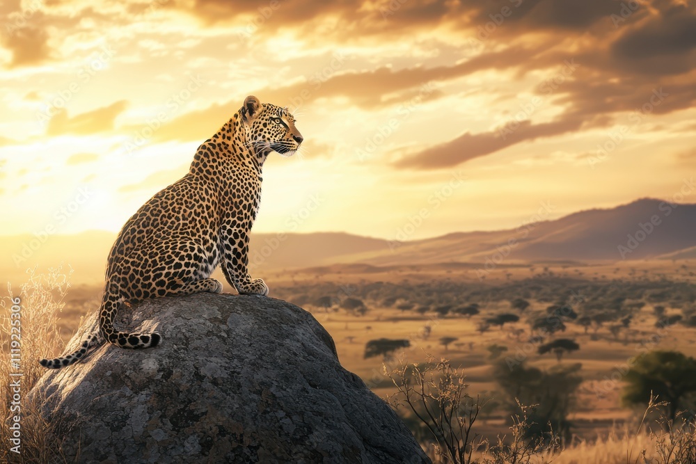 Obraz premium Leopard on Rocky Outcrop at Sunset in African Savanna