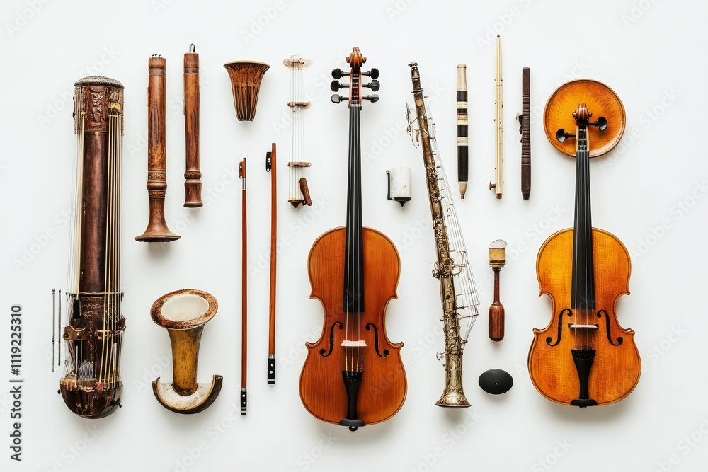 Fototapeta premium Collection of vintage string and wind instruments.