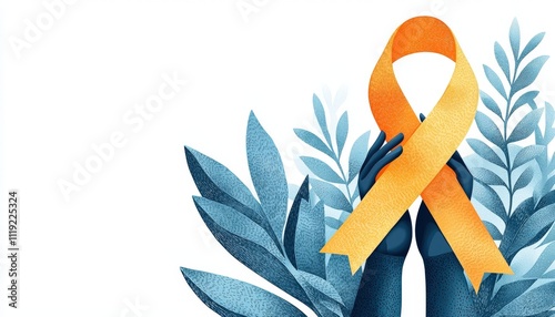 An illustration of two hands holding an orange awareness ribbon, surrounded by blue foliage, symbolizing support and hope. photo