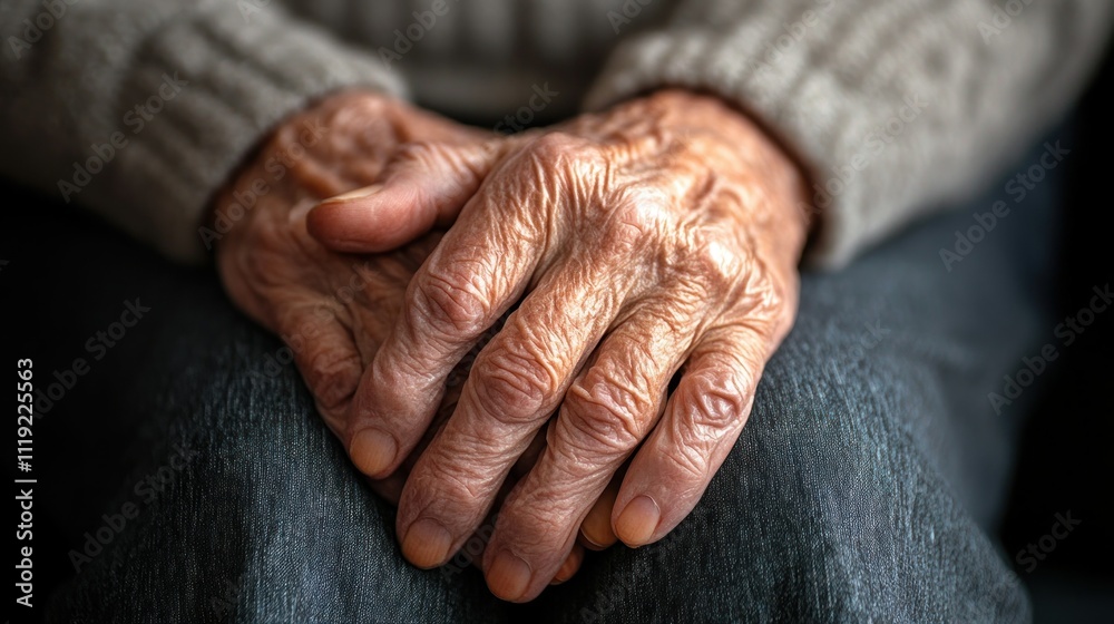 Fototapeta premium Closeup of Wrinkled Hands Resting on Denim Fabric