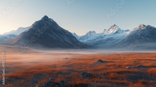 Serene Dawn Misty Mountain Valley Autumn Grasslands Snow Peaks