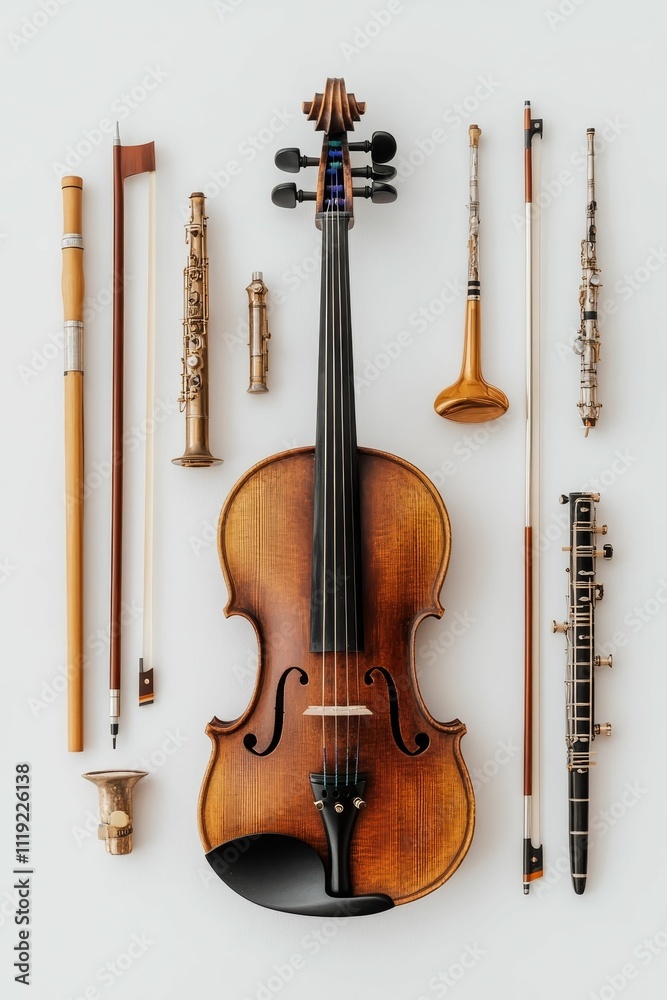 Naklejka premium Violin, bows, woodwinds, and reeds arranged neatly.
