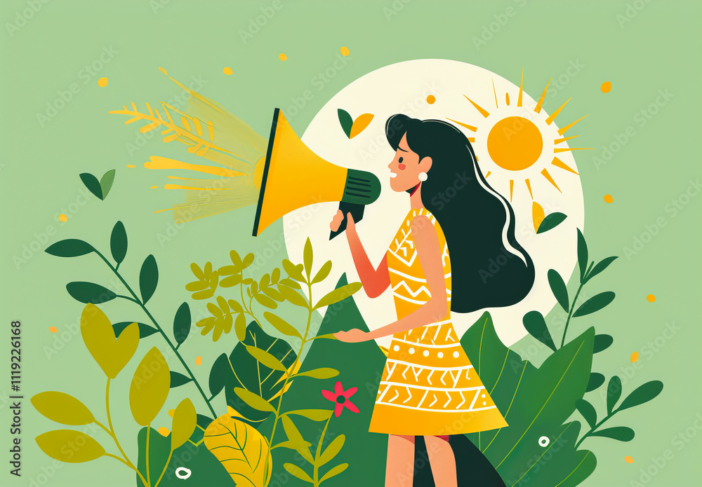 Woman with a loudspeaker or megafone speaker for news feeds and sales marketing, theme of protecting women's rights and feminism. Woman with a loudspeaker or megafone speaker for news feeds and sales marketing, theme of protecting women's rights and feminism.