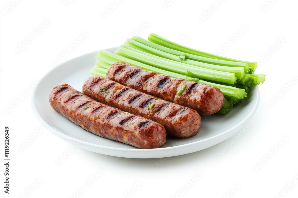 Grilled Sausage with Celery: Three plump, grilled sausages with a savory char sit on a white plate, paired with fresh stalks of green celery for a vibrant and satisfying meal. Grilled Sausage with Celery: Three plump, grilled sausages with a savory char sit on a white plate, paired with fresh stalks of green celery for a vibrant and satisfying meal.