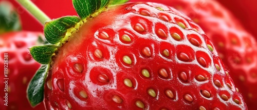 Ultra-Close-Up of Ripe Strawberry with Solid Red Background in High Detail photo