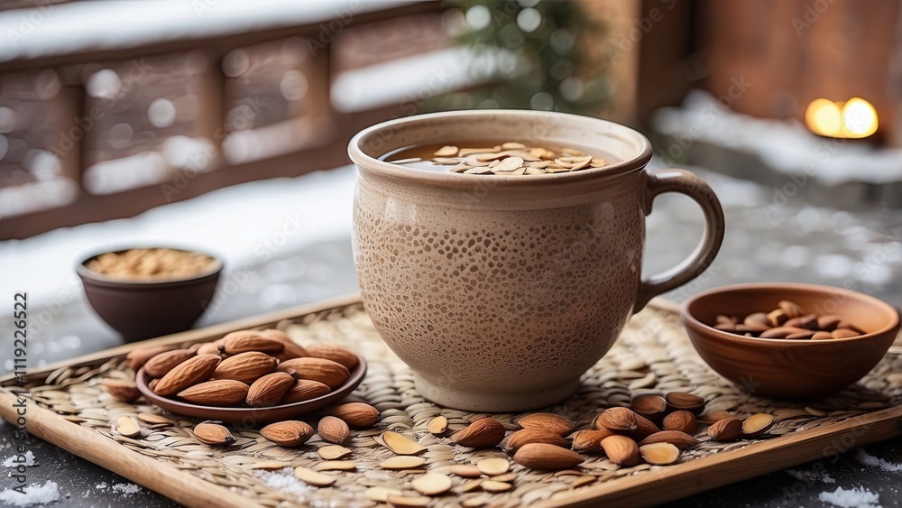 Fototapeta premium A handcrafted clay mug of ginger tea with a bowl of mixed seeds and almonds, placed on a woven mat in a snowy patio setting.