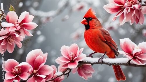 A bright red cardinal perched on a snow-dusted branch surrounded by frosty magnolia flowers in a serene winter forest.