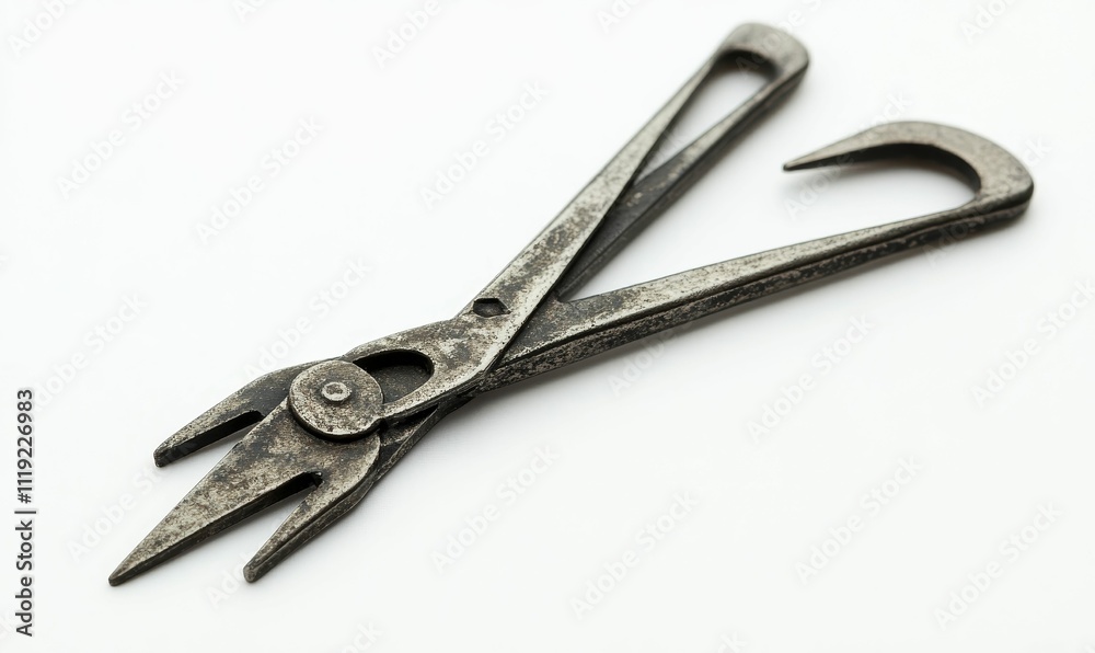 Old metal pliers, rusty, hooked end.