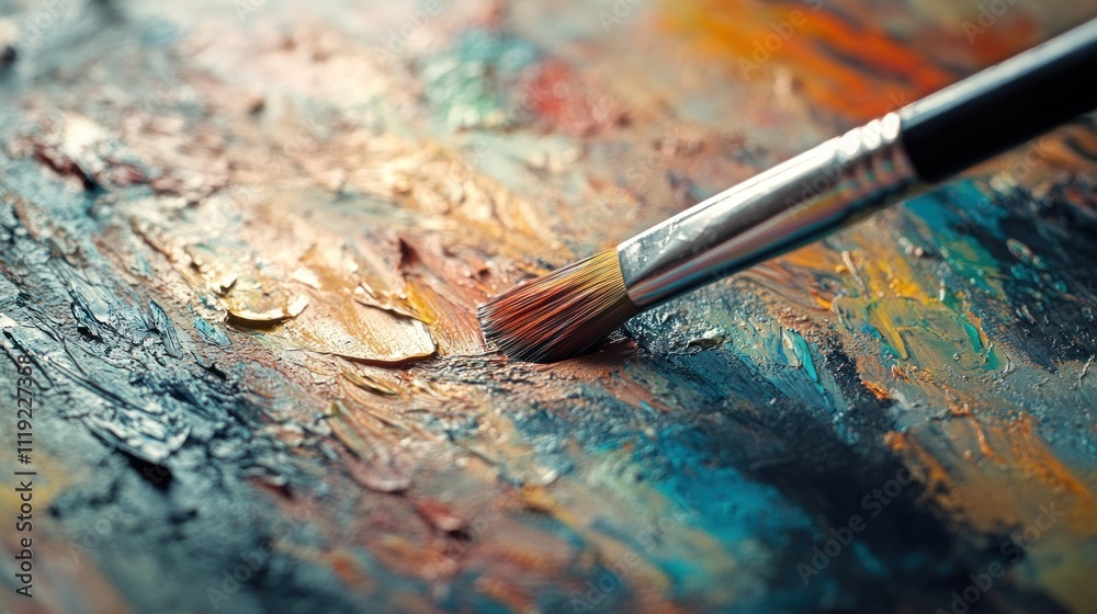 Close-up of a Paintbrush on a Palette with Thick Oil Paint