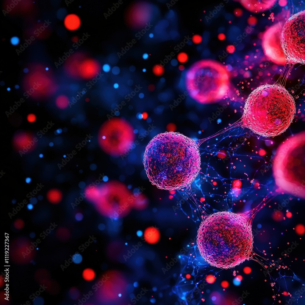 Colorful depiction of cells and molecular structures, showcasing the beauty of microscopic life and scientific exploration. Colorful depiction of cells and molecular structures, showcasing the beauty of microscopic life and scientific exploration.