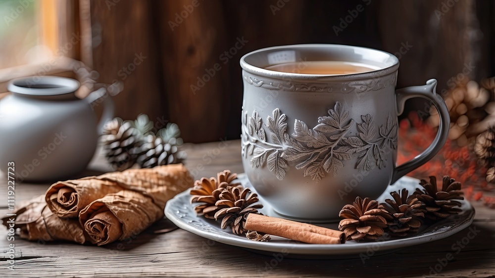 A silver cup of cinnamon tea on a wooden table, with a plate of dry pastries and frosted pinecones as the centerpiece in a cozy winter cabin. A silver cup of cinnamon tea on a wooden table, with a plate of dry pastries and frosted pinecones as the centerpiece in a cozy winter cabin.