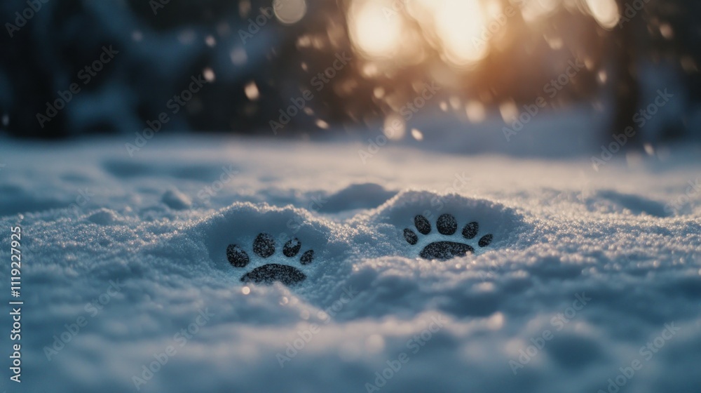 Two Paw Prints in Freshly Fallen Snow at Sunset Two Paw Prints in Freshly Fallen Snow at Sunset