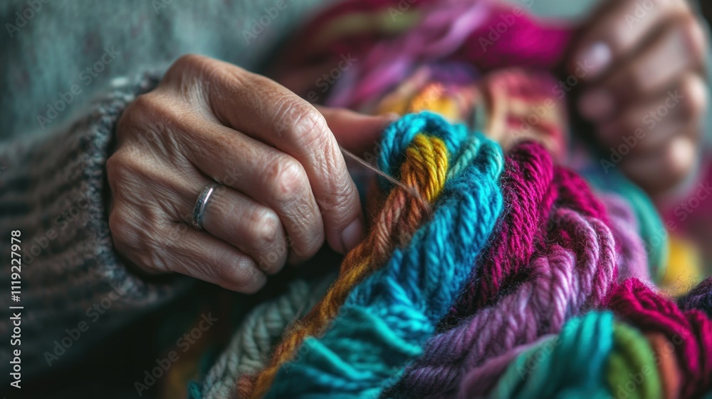 Close-up of a Hand Holding Colorful Yarn While Knitting Close-up of a Hand Holding Colorful Yarn While Knitting