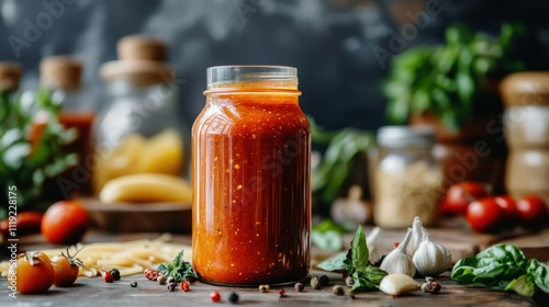 Glass Jar of Homemade Tomato Sauce with Fresh Herbs and Spices