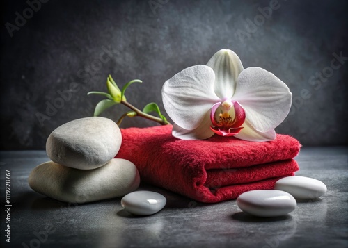 Minimalist Spa Scene: White Orchid, Massage Stones, Red Towel - Relaxing Wellness Photography