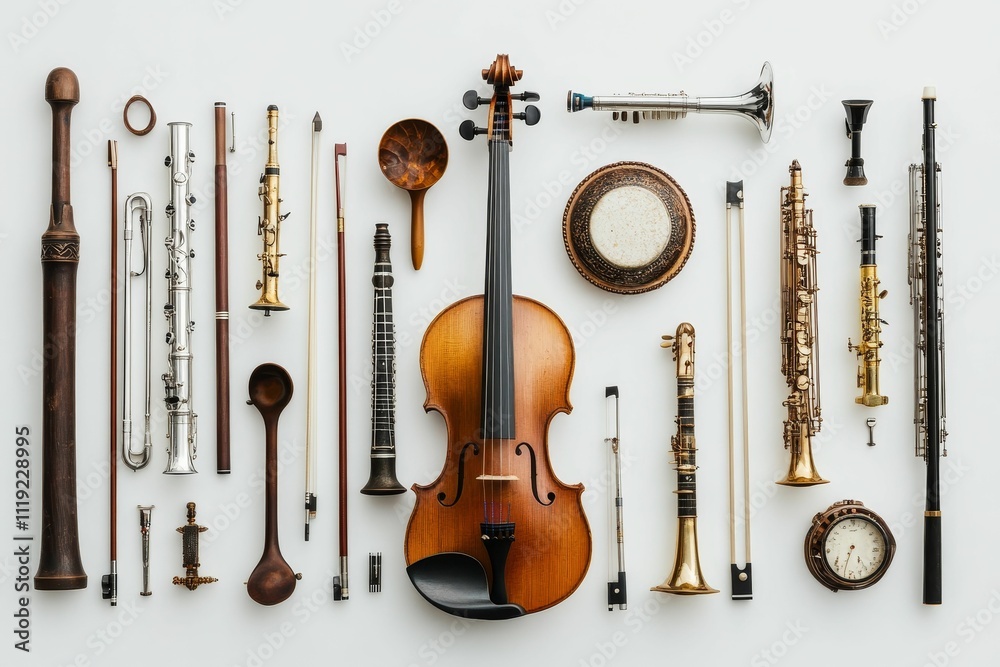Fototapeta premium Orchestral instruments arranged on white background.