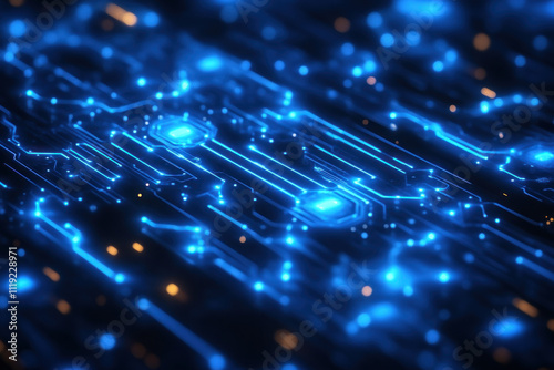 Glowing blue circuit board with data flow.