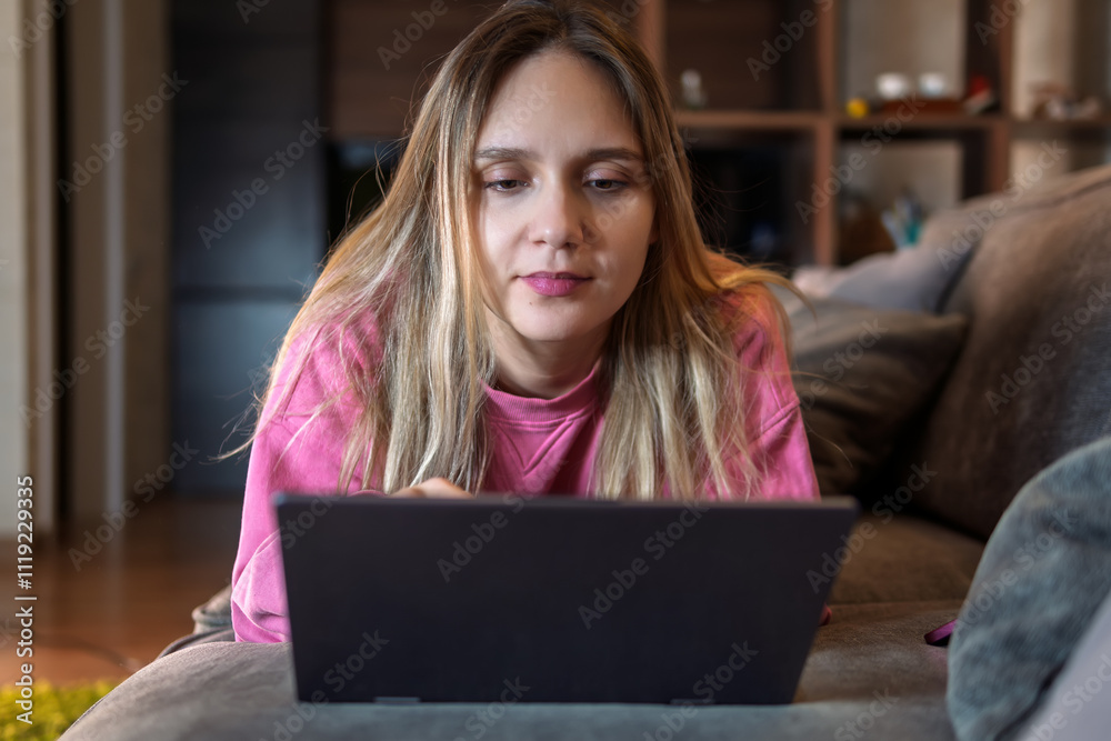 Watching videos on a notebook pc, reading an e-book at home, using laptop pc. young woman using laptop pc online application for work on dark background. freelancer works at home lying on the couch. Watching videos on a notebook pc, reading an e-book at home, using laptop pc. young woman using laptop pc online application for work on dark background. freelancer works at home lying on the couch.