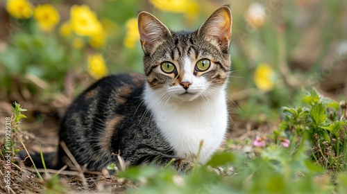 Wallpaper Mural Curious Cat A Beautiful Black and White Cat Poses Gracefully in Lush Garden Greenery. Torontodigital.ca