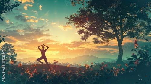 a stunning scene of a person practicing yoga, with a serene design and a peaceful outdoor background