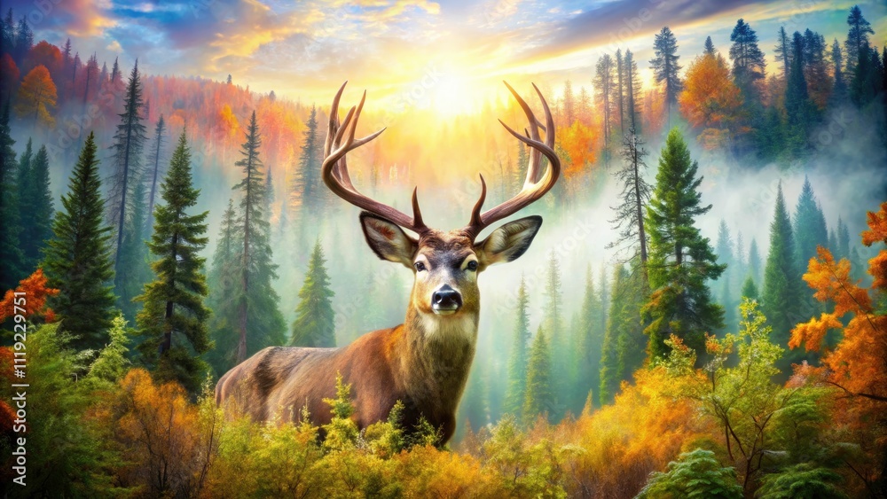 Fototapeta premium Mule Deer Double Exposure Photography: Nature's Majestic Fusion - Wildlife Art Print