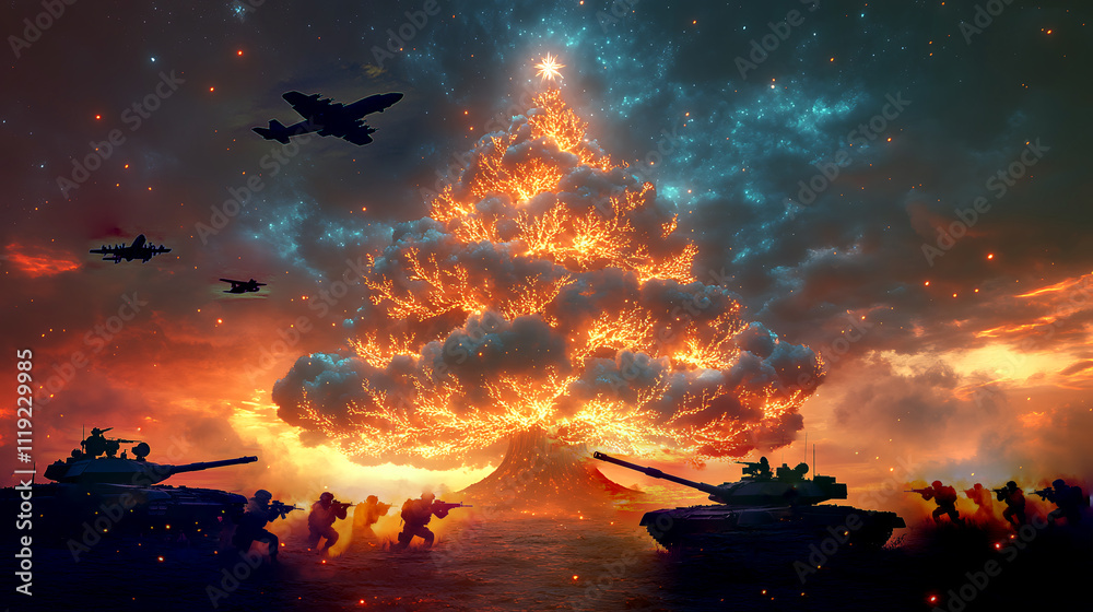Wide angle photo of nuclear mushroom cloud, nuclear war concept, explosion, destruction, tree shaped bomb. Wide angle photo of nuclear mushroom cloud, nuclear war concept, explosion, destruction, tree shaped bomb.