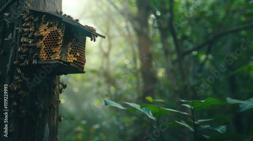 background of bee house in dense forest, honey farmer.