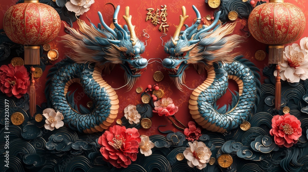 Fototapeta premium Chinese New Year greeting card with a red and gold color scheme as the primary palette. The design features intricate patterns of dragons or plum blossoms,