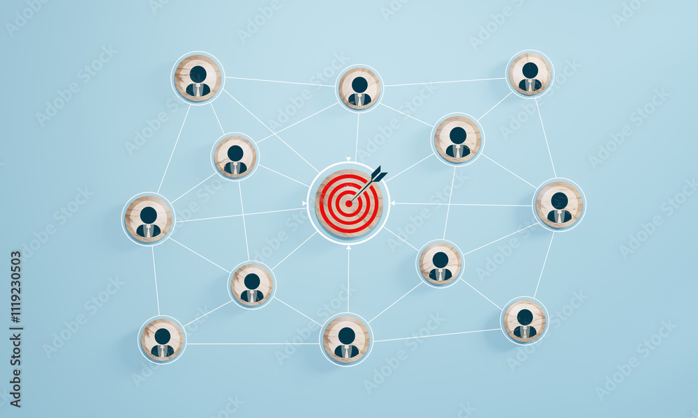 Red dartboard and red arrow connection linkage with human icon for customer focus target group and customer relation management concept. Red dartboard and red arrow connection linkage with human icon for customer focus target group and customer relation management concept.