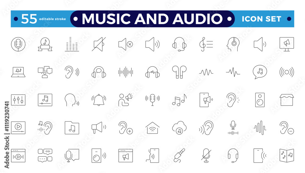 Music and Audio Outline icons set. Media, camera movie, voice, radio, music streaming, photography, headphones, cinema, podcast, broadcasting, content Editable stroke outline icon. Music and Audio Outline icons set. Media, camera movie, voice, radio, music streaming, photography, headphones, cinema, podcast, broadcasting, content Editable stroke outline icon.