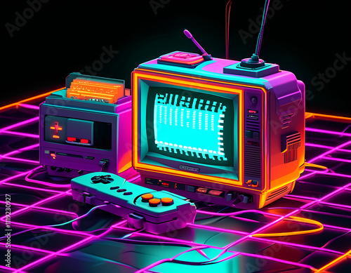 Retro Gaming Nostalgia - Isometric Pixel Art Setup photo