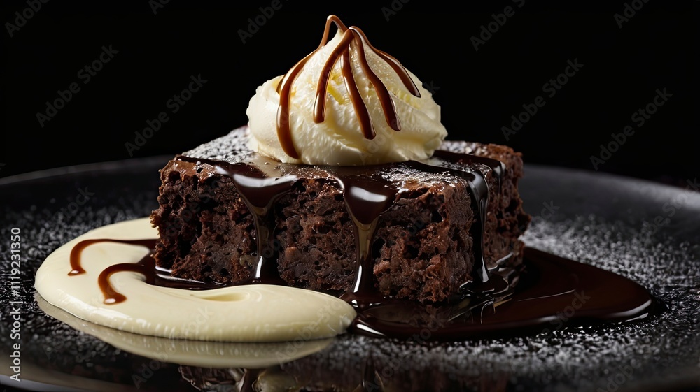 A mouthwatering chocolate brownie in close up macro with vanilla ice cream, dark chocolate sauce, and a black background. A mouthwatering chocolate brownie in close up macro with vanilla ice cream, dark chocolate sauce, and a black background.