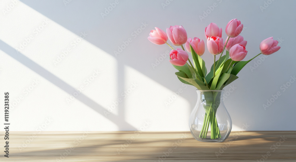 Fresh pink tulips in clear vase on wooden table, casting soft shadows Fresh pink tulips in clear vase on wooden table, casting soft shadows