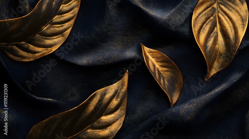 An abstract golden leaf pattern on a dark background, featuring elegant and intricate details that create a striking contrast. Perfect for luxurious, nature-inspired designs or artistic projects.