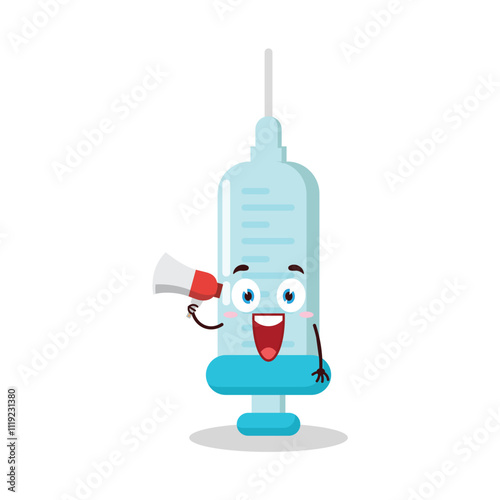 cute happy expression of syringe cartoon character carry megaphone