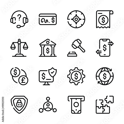 A set of icons representing various financial and business concepts, including customer service