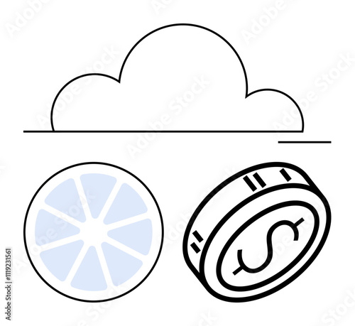 Cloud above with a coin and pie chart below. Ideal for finance, business, technology, data analysis, cloud services, economic growth, strategic planning. Line metaphor