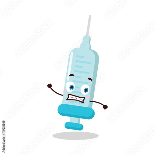 cute terrified running expression of syringe cartoon character