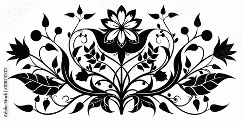 abstract floral design, black and white, symmetrical pattern, stylized flowers, elegant swirls, graphic elements, artistic motif, minimalist décor, botanical theme, modern illustration