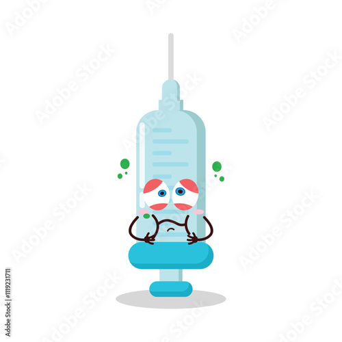 cute sick expression of syringe cartoon character